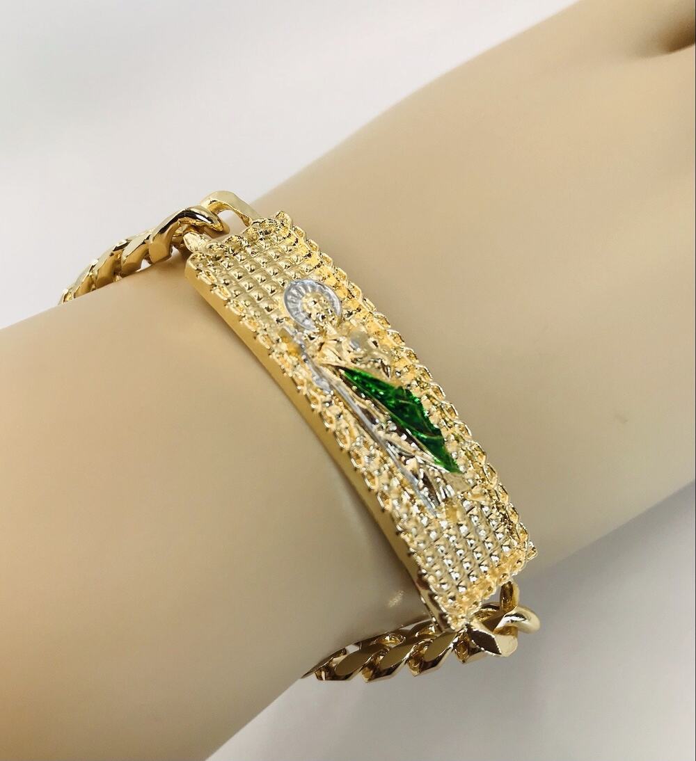 14K Gold Plated Saint Jude Bracelet Pulsera San Judas Oro Laminado. 9" Women Men